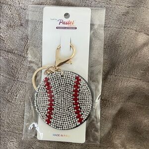 Baseball Keychain rhinestones, clear red on black felt backing NWT flawed